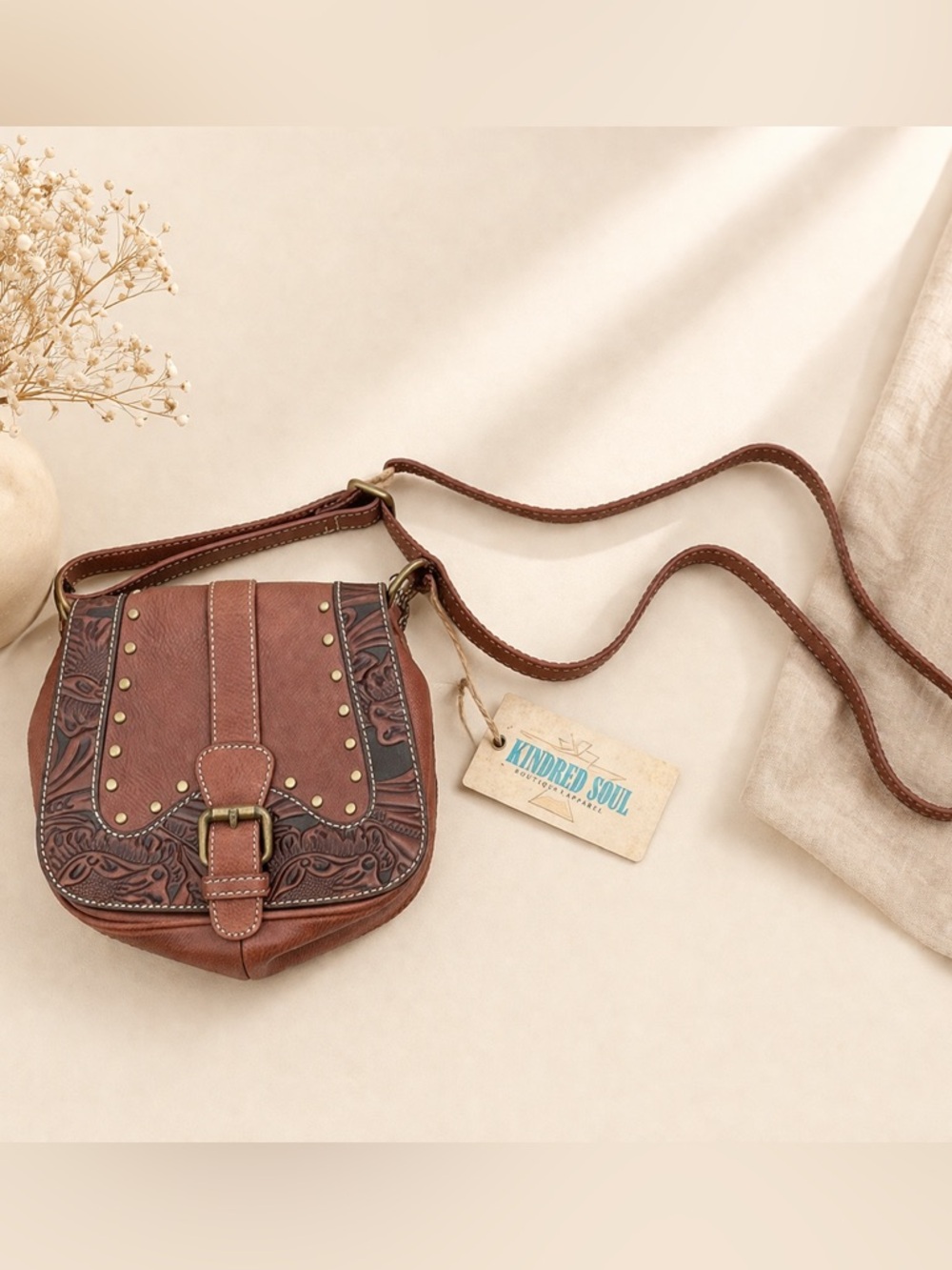 Genuine Leather Western Tooled Crossbody Bag Brown | Studded Boho Saddle Purse